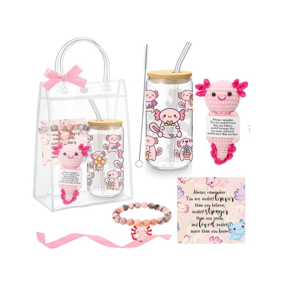 Axolotl Gift Set‎ Women OS Pink Glass Tumbler Crochet Plush Bracelet NWT